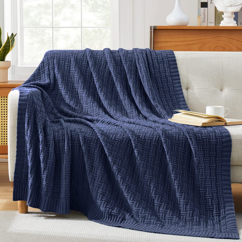 TREELY 100% Cotton Knitted Throw Blanket Couch Cover Blanket(60 x 80 Inches, Navy Blue) - Image 2